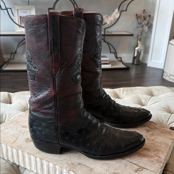 Lucchese Men’s 11.5 Handmade Black Cherry Full Quill Ostrich Cowboy Boots - Picture 7 of 7